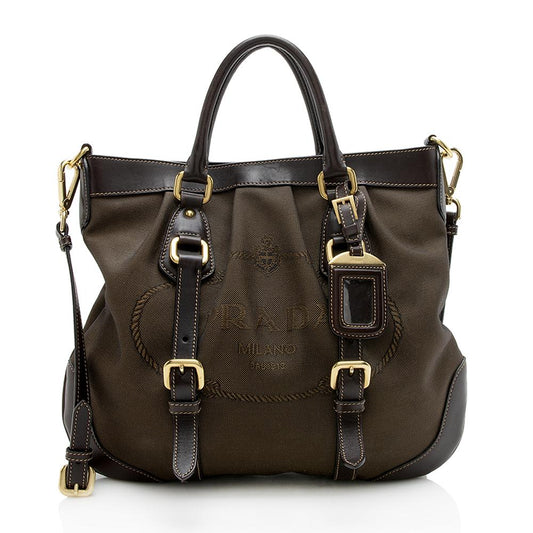 Prada Jacquard Pleated Tote Leather Logo Tote Bag