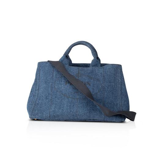 Prada Canapa Tote Handbag Denim Large Tote Bag