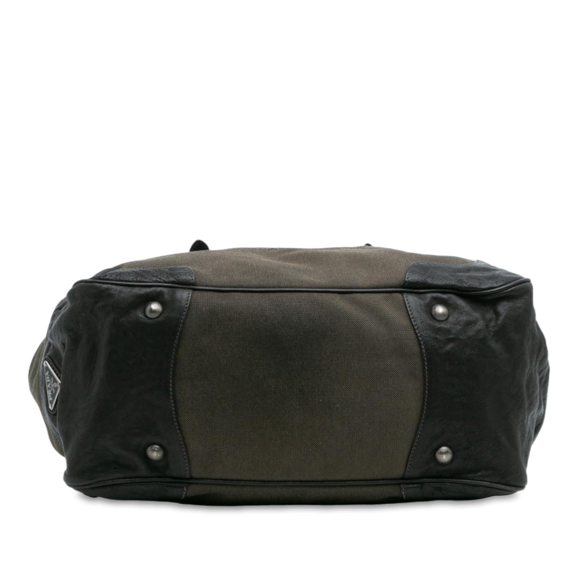 Prada Trimmed Canapa Frame Tote Leather Canvas Logo Tote Bag