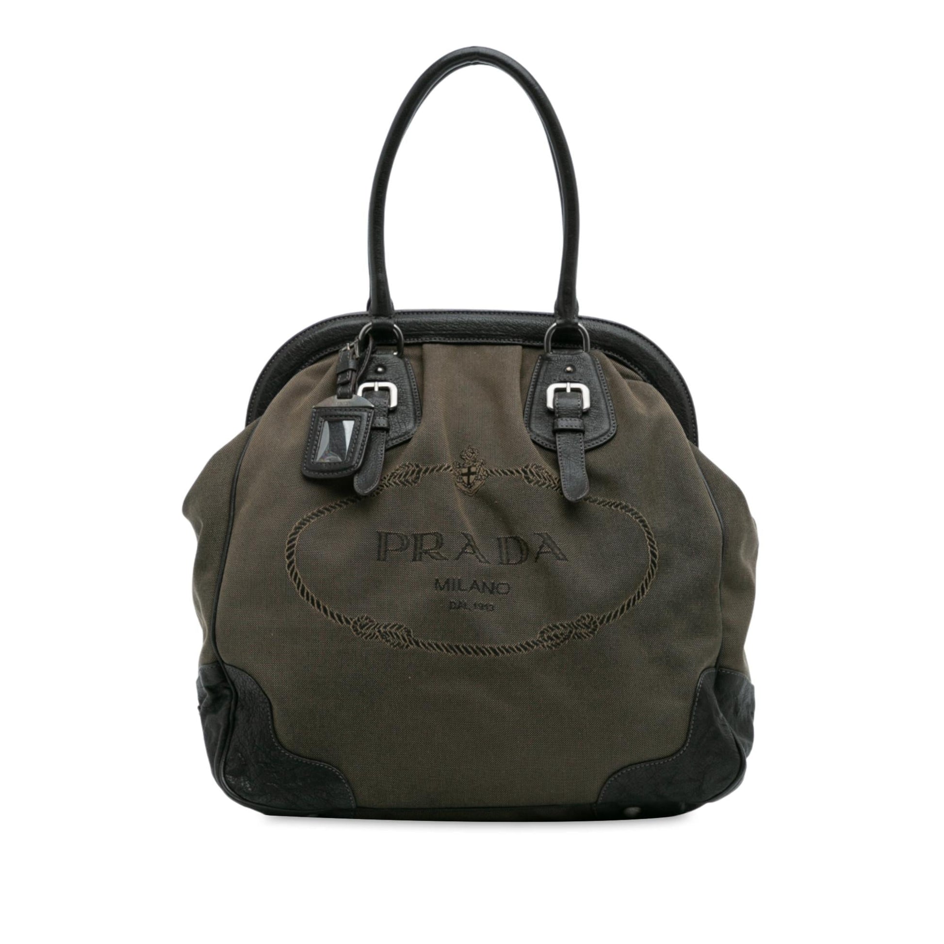 Prada Trimmed Canapa Frame Tote Leather Canvas Logo Tote Bag