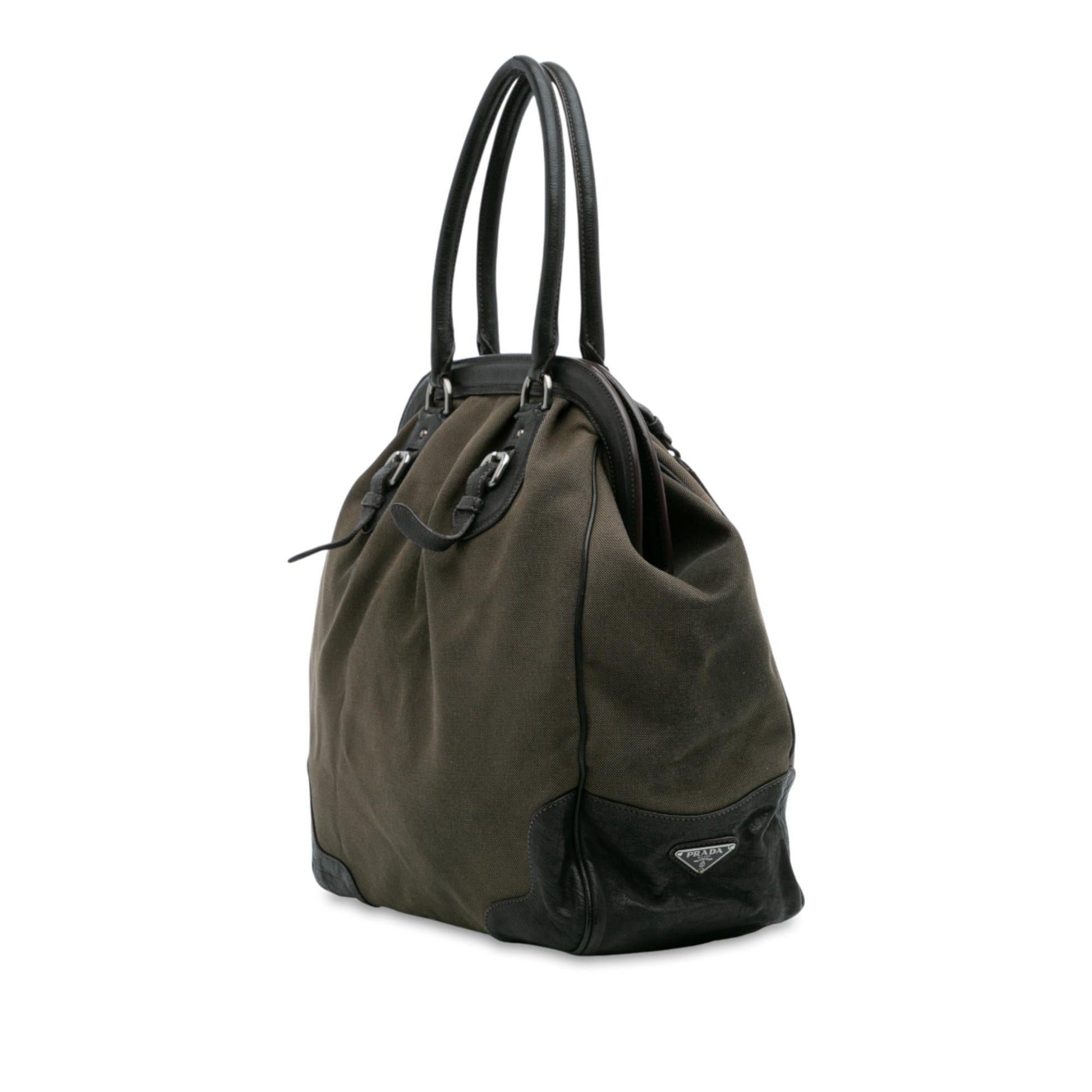 Prada Trimmed Canapa Frame Tote Leather Canvas Logo Tote Bag