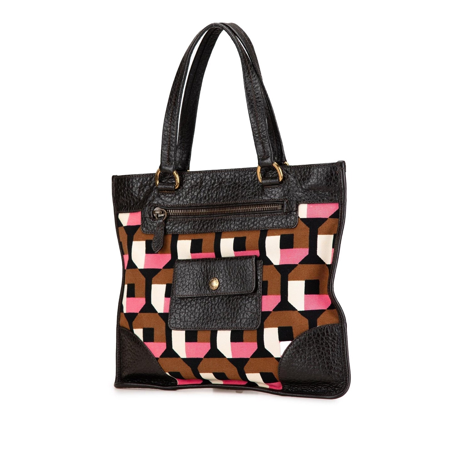 Prada Trimmed Printed Tote Leather Canvas Tote Bag