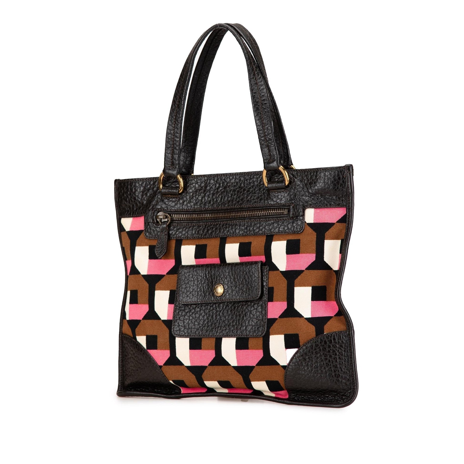 Prada Trimmed Printed Tote Leather Canvas Tote Bag