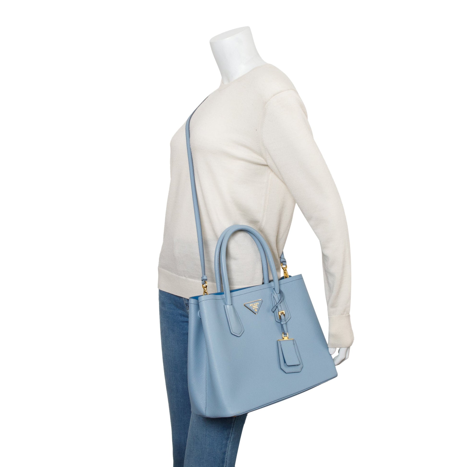 Prada Light Saffiano Lux Cuir Double Tote Handbag Blue Medium Tote Bag