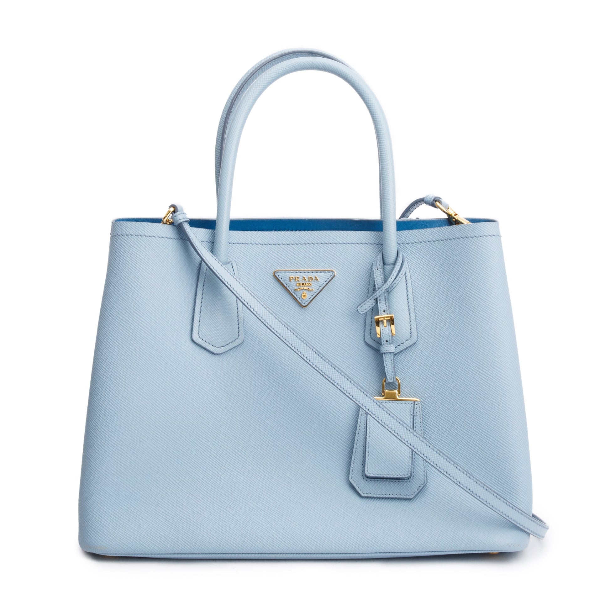 Prada Light Saffiano Lux Cuir Double Tote Handbag Blue Medium Tote Bag