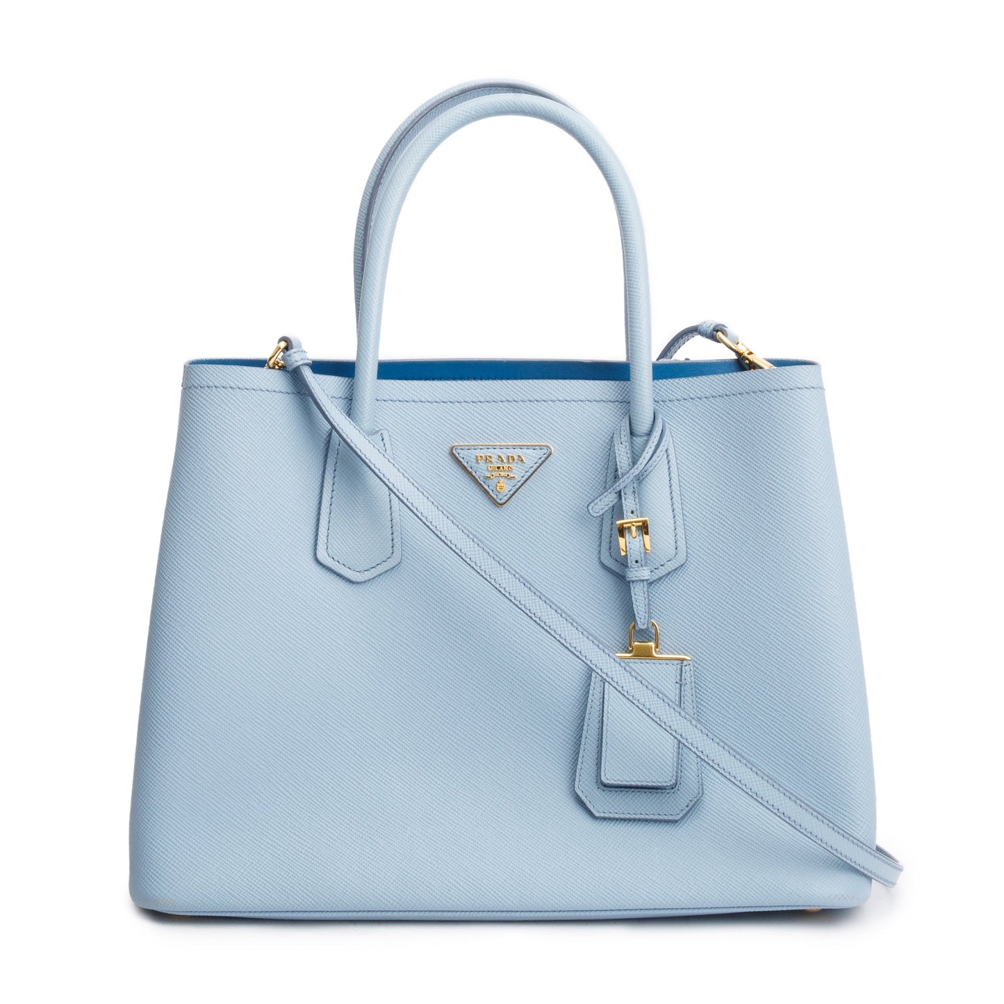 Prada Light Lux Cuir Double Tote Saffiano Blue Medium Tote Bag