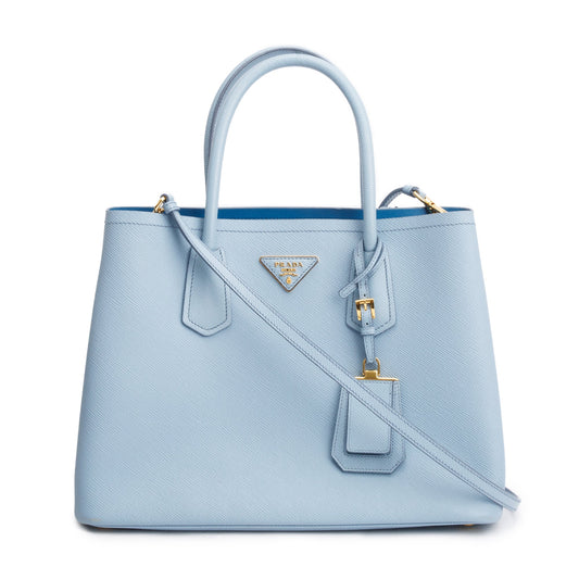 Prada Light Lux Cuir Double Tote Saffiano Blue Medium Tote Bag