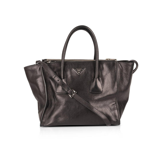 Prada Glace Calf Twin Pocket Tote Handbag Black Medium Tote Bag