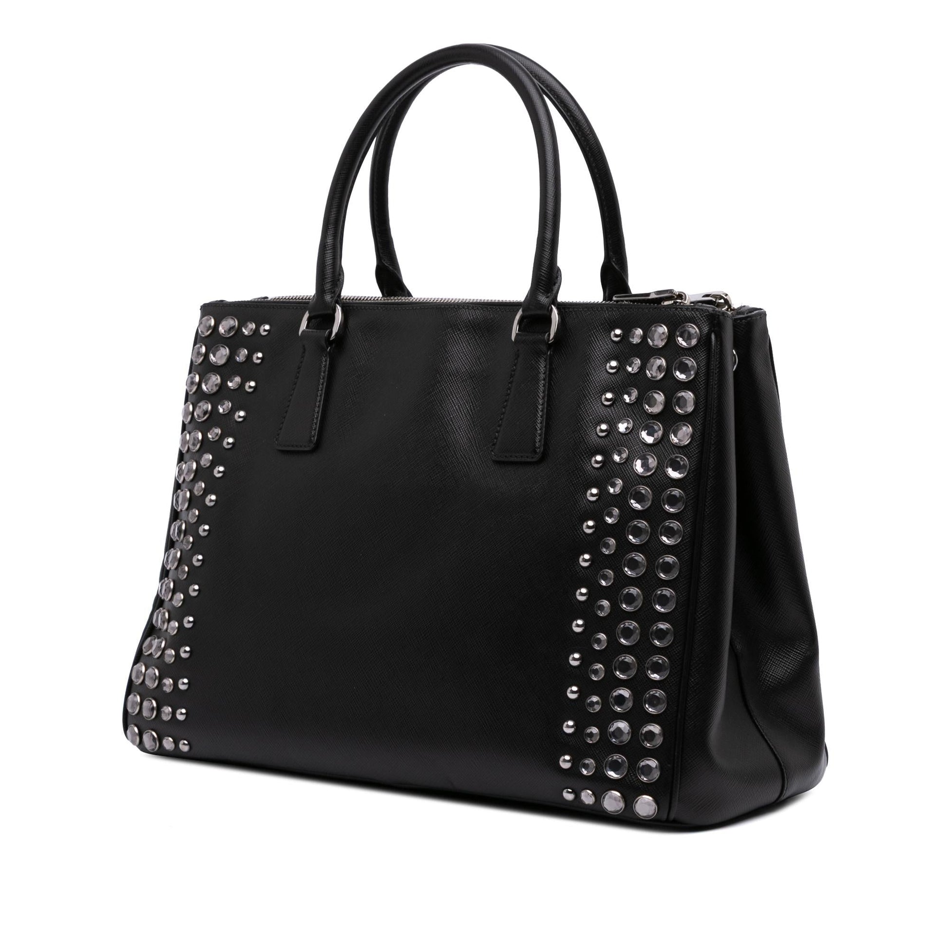 Prada Lux Studded Crystal Galleria Double Satchel Saffiano Medium Zip Satchel Bag