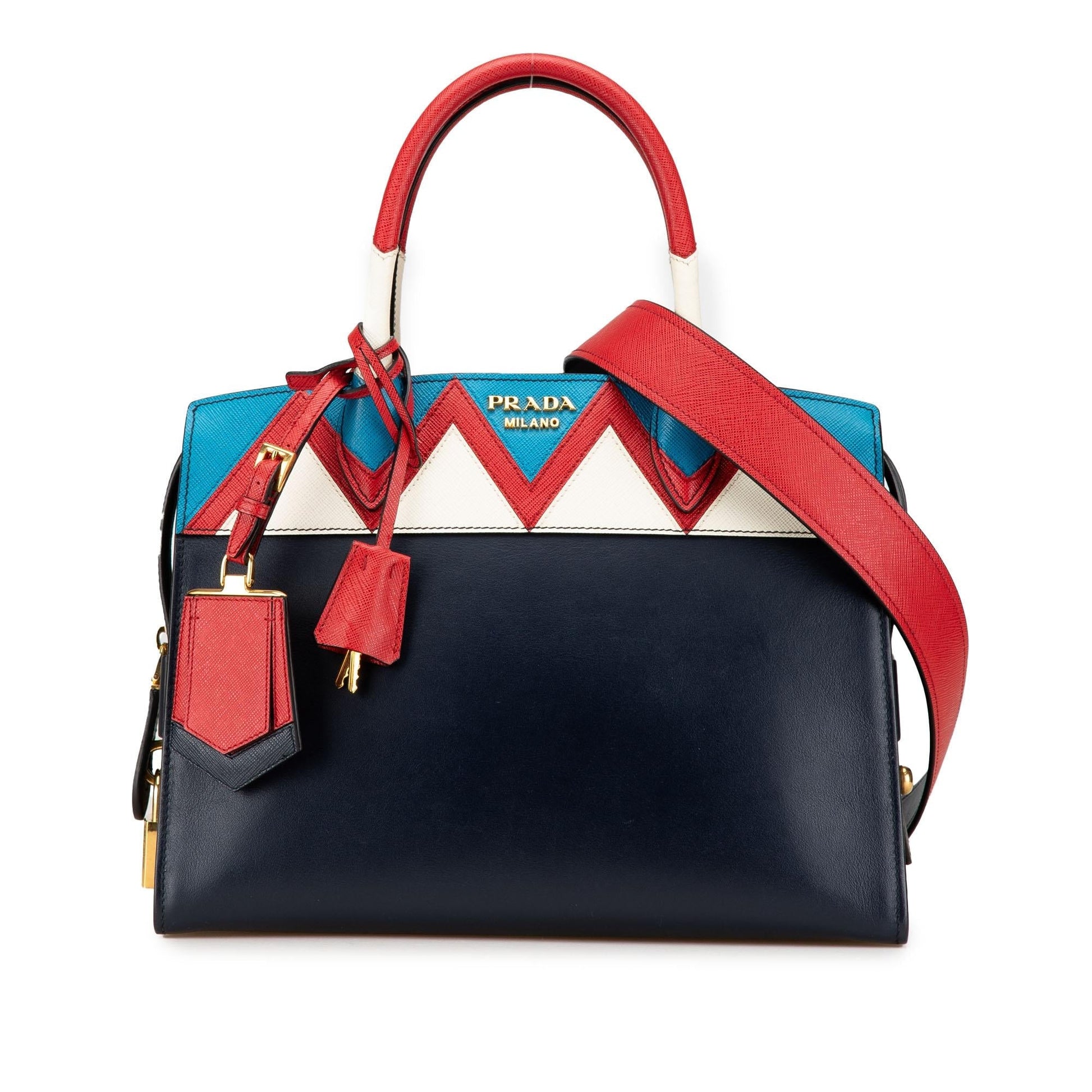 Prada Trimmed City Calf Greca Esplanade Satchel Saffiano Medium Satchel Bag