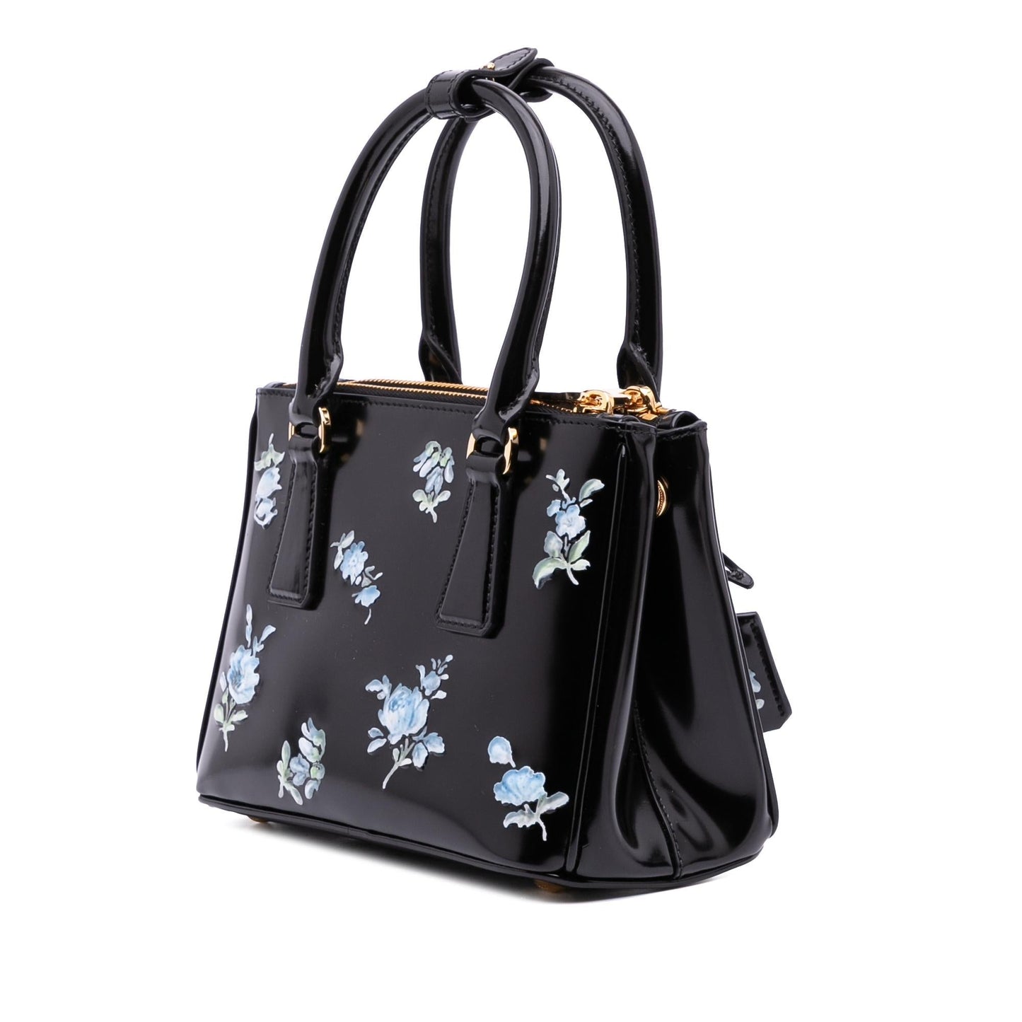 Prada Brushed Floral Print Galleria Double Satchel Leather Mini Zip Satchel Bag