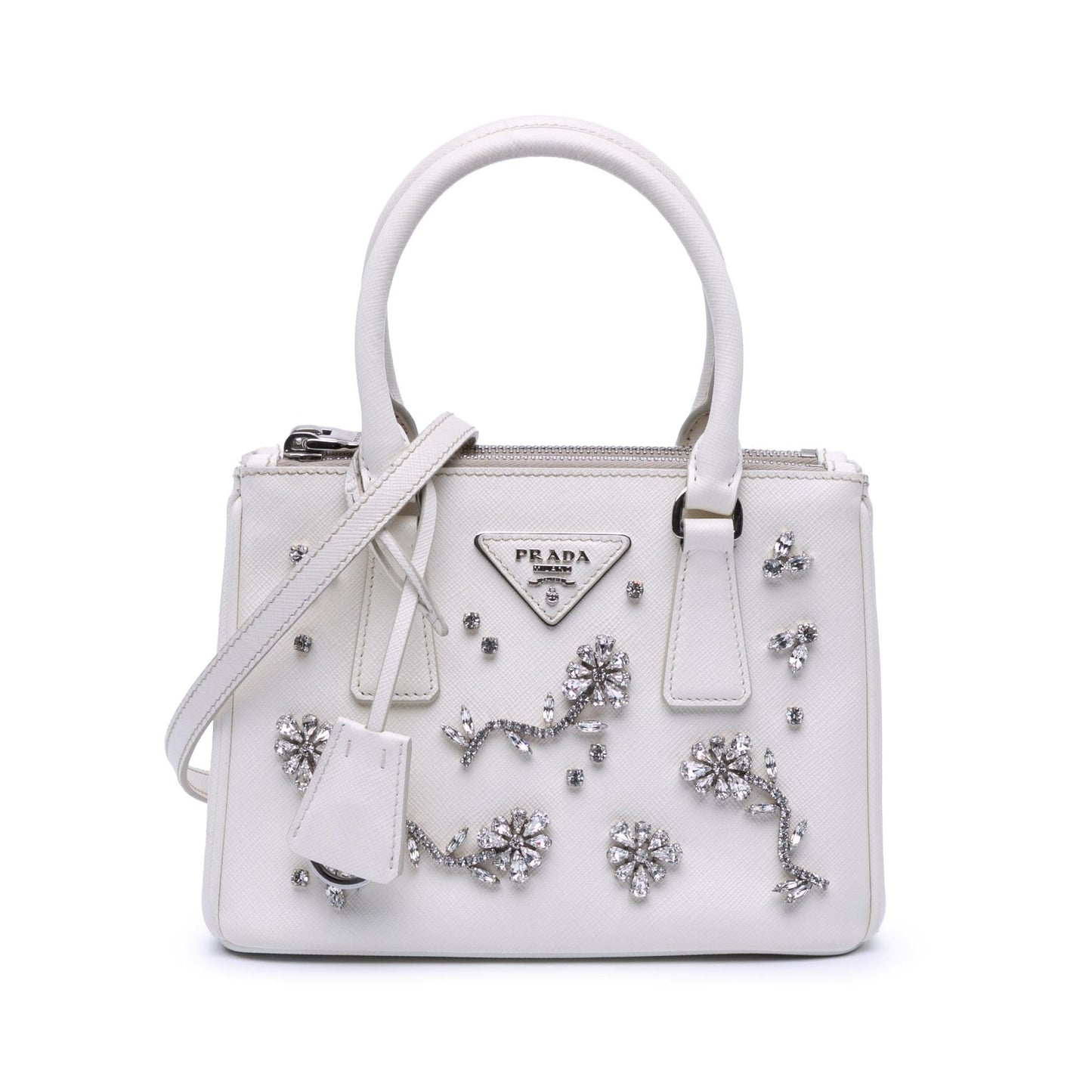 Prada Lux Crystal Embellished Galleria Double Satchel Bag Saffiano Mini Zip