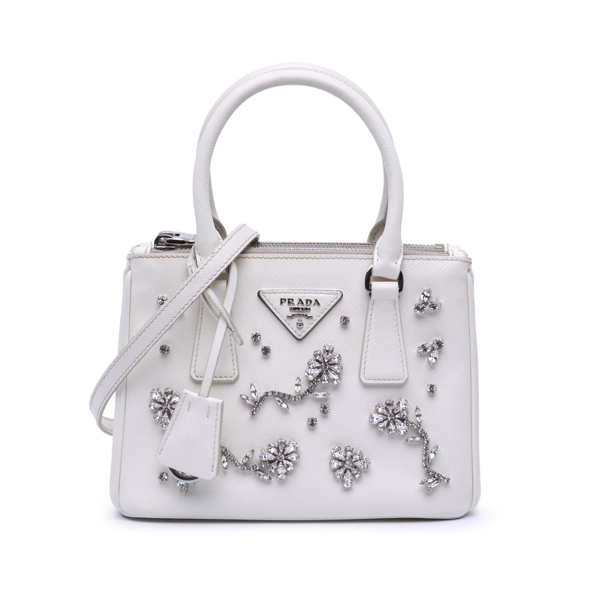 Prada Lux Crystal Embellished Galleria Double Satchel Bag Saffiano Mini Zip