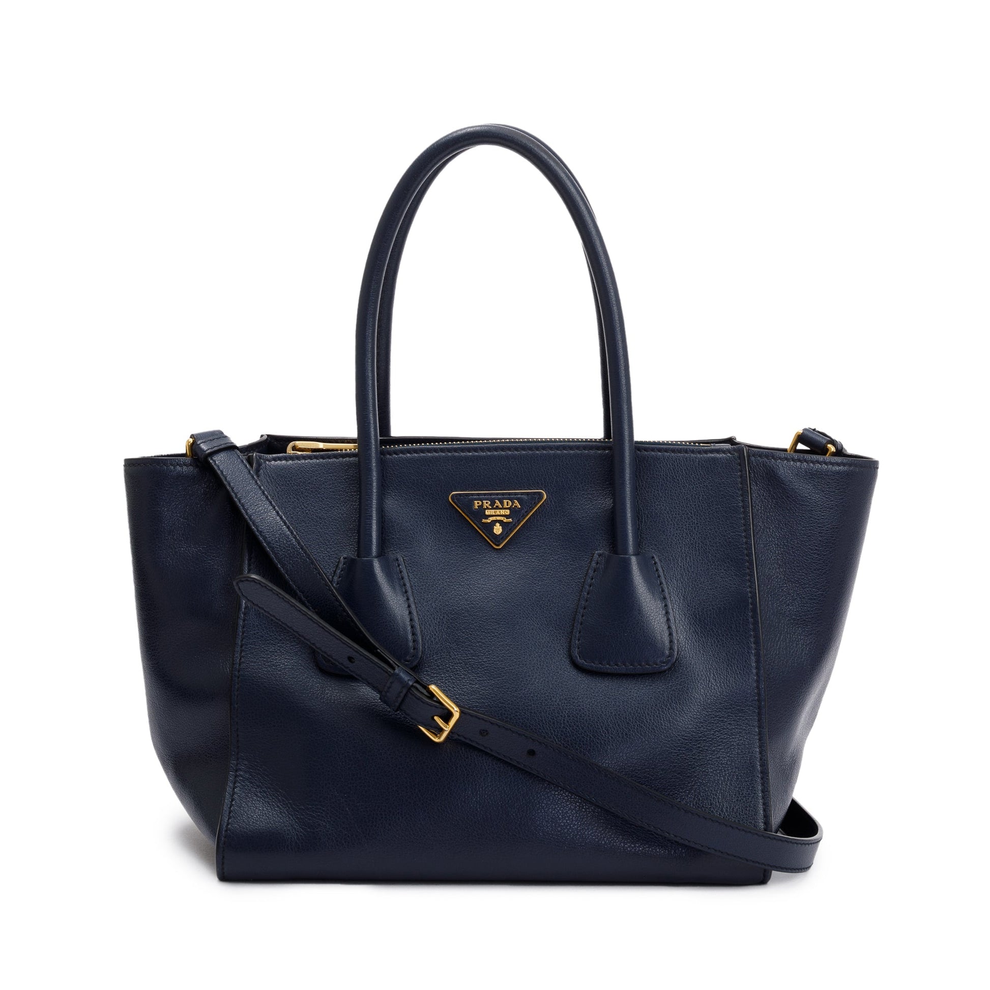 Prada Navy City Calf Twin Pocket Tote Handbag Small Tote Bag