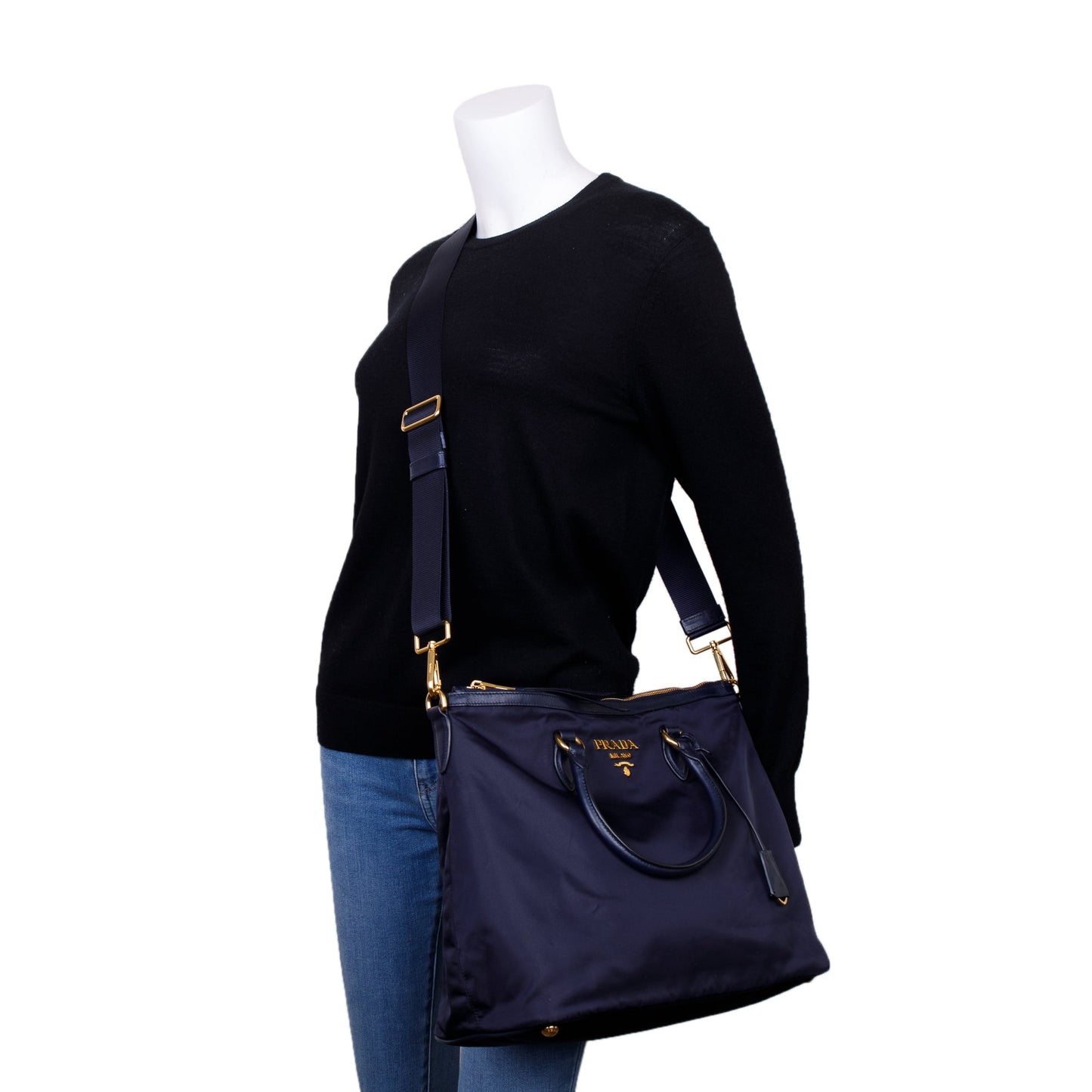 Prada Navy Trimmed Tessuto Tote Handbag Leather Nylon Tote Bag