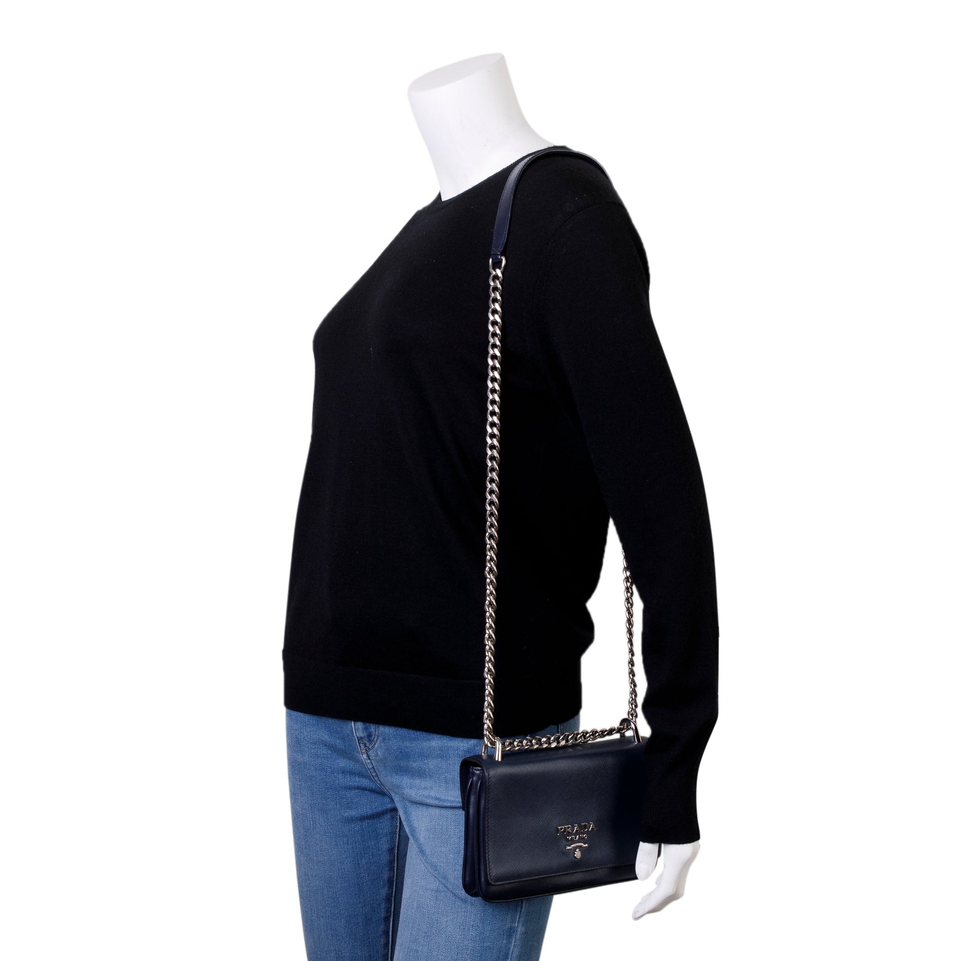 Prada Navy Soft Calf Saffiano Crossbody Bag Leather Chain