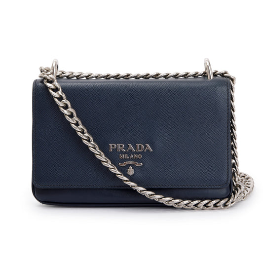 Prada Navy Soft Calf Saffiano Crossbody Bag Leather Chain
