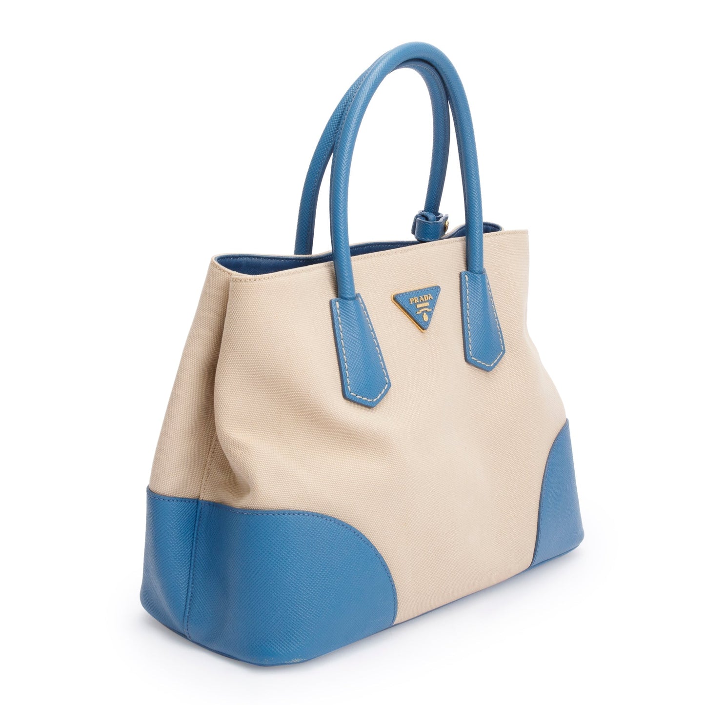 Prada Neutral Saffiano Trim Cuir Double Tote Handbag Canvas Blue Tote Bag