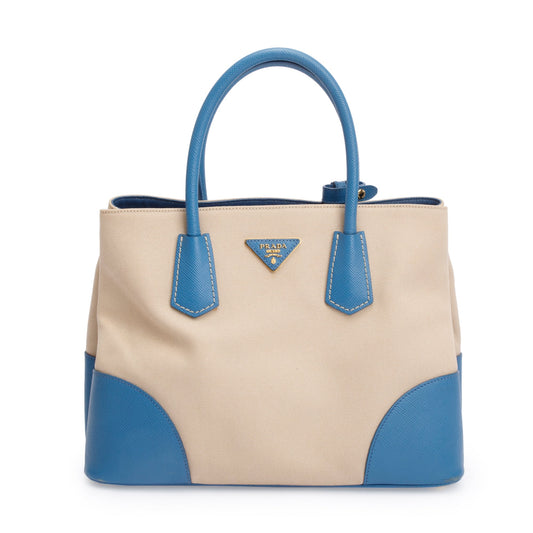 Prada Neutral Saffiano Trim Cuir Double Tote Handbag Canvas Blue Tote Bag