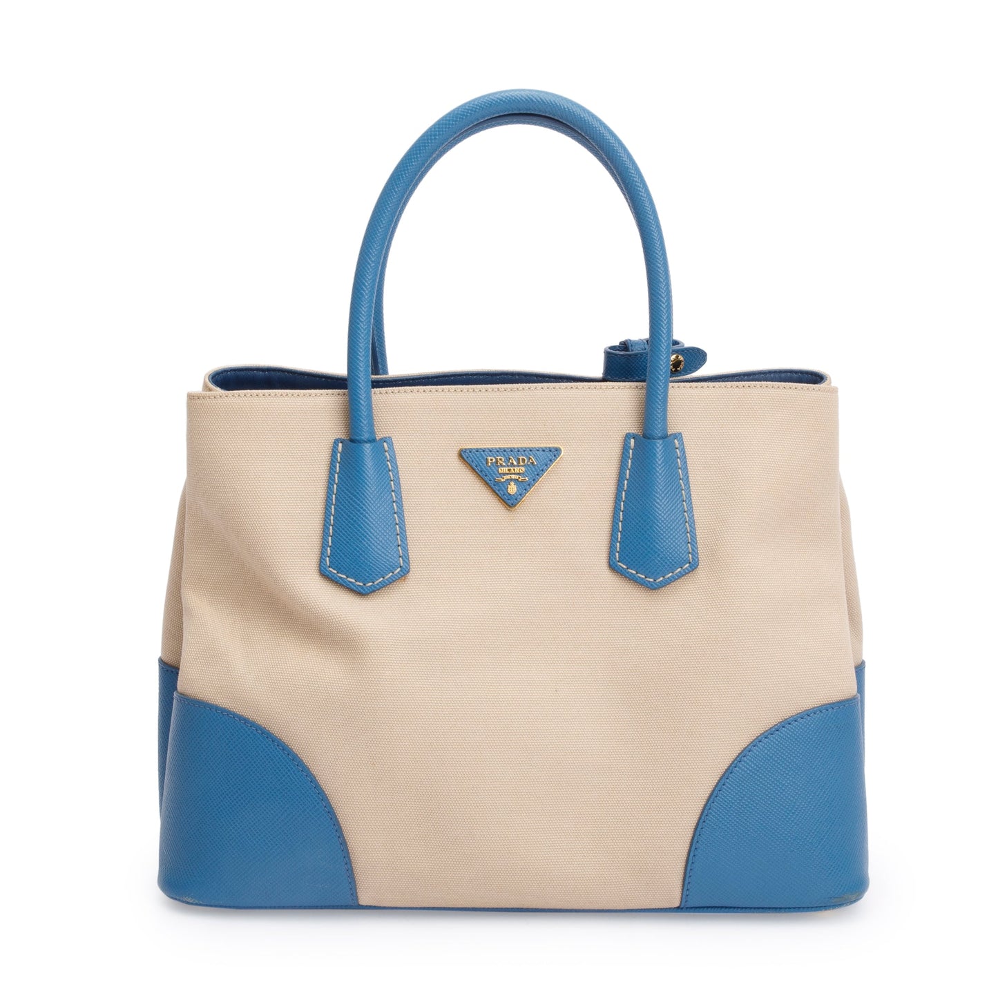 Prada Trim Cuir Double Tote Canvas Saffiano Blue Tote Bag