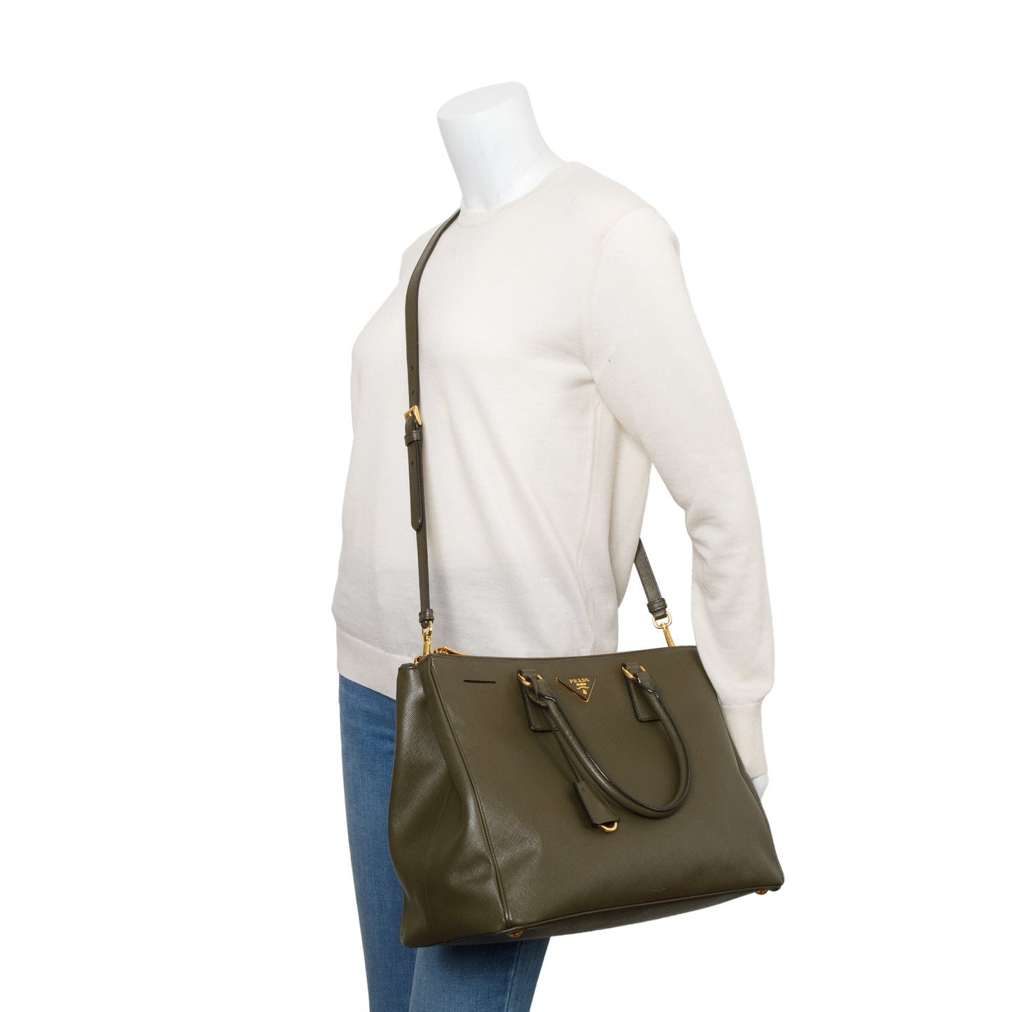 Prada Olive Saffiano Lux Double Zip Galleria Tote Green Large Tote Bag
