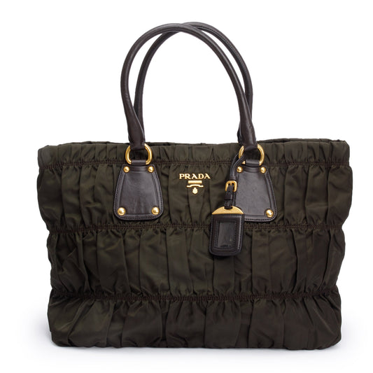 Prada Olive Tessuto Gauffre Tote Handbag Nylon Quilted Tote Bag