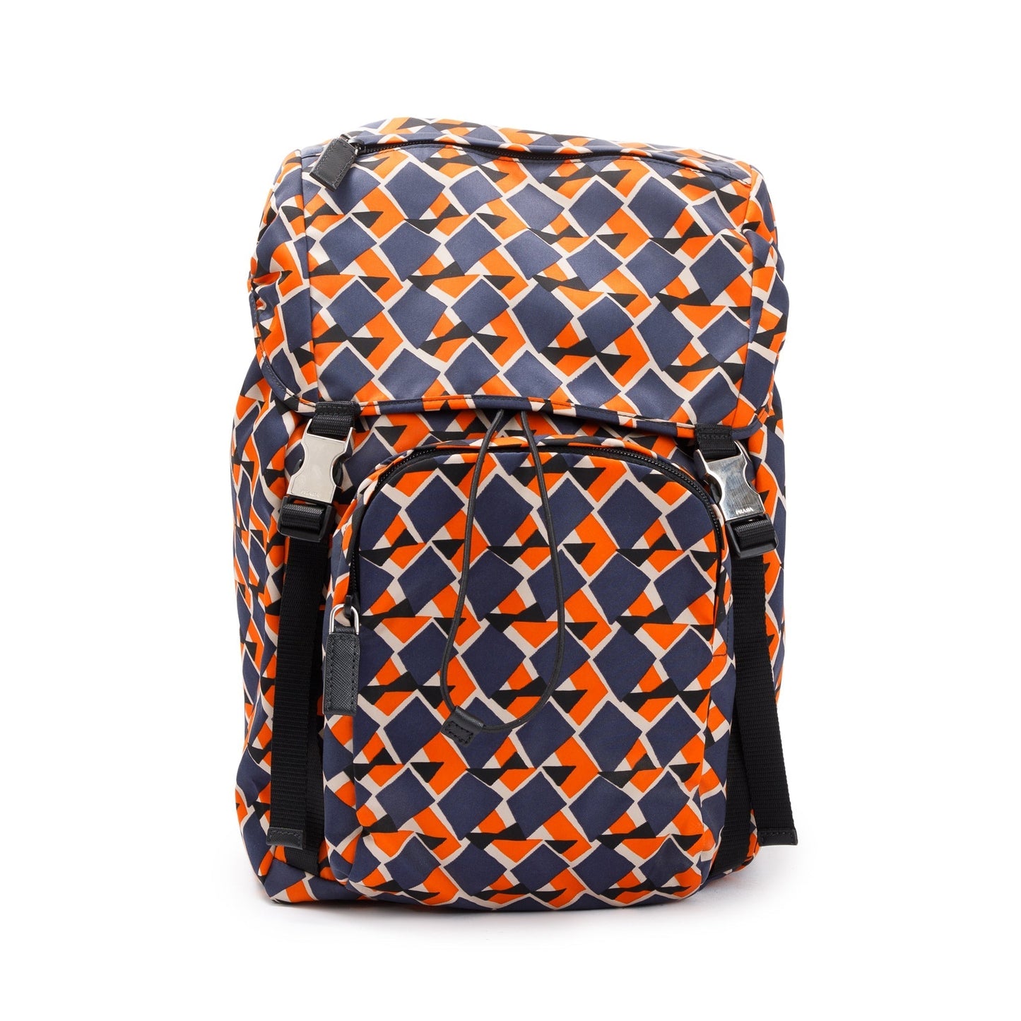 Prada Orange Navy Tessuto Stampato Double Buckle Backpack