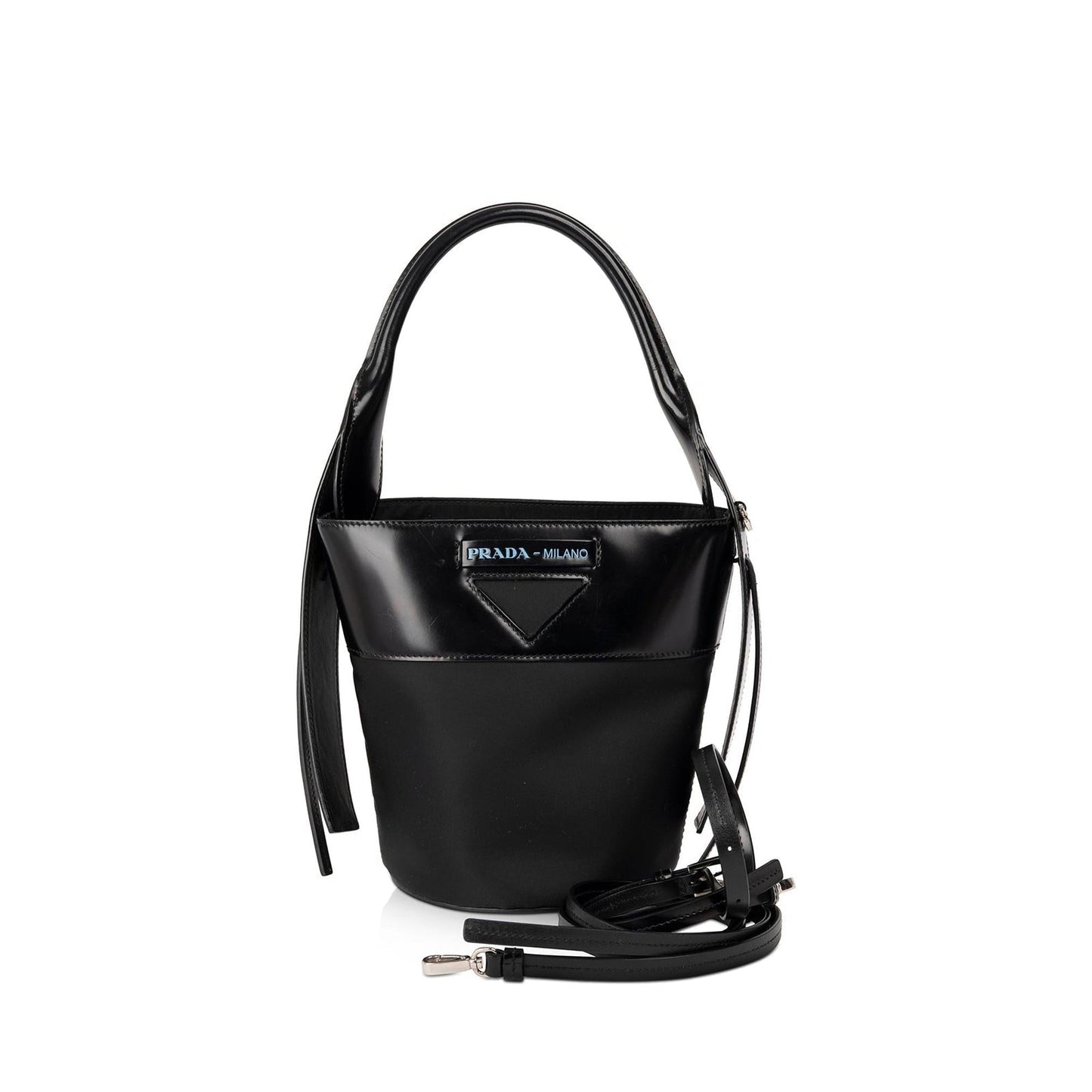 Prada Patent & Tessuto Ouverture Bag Leather Nylon Bucket Bag