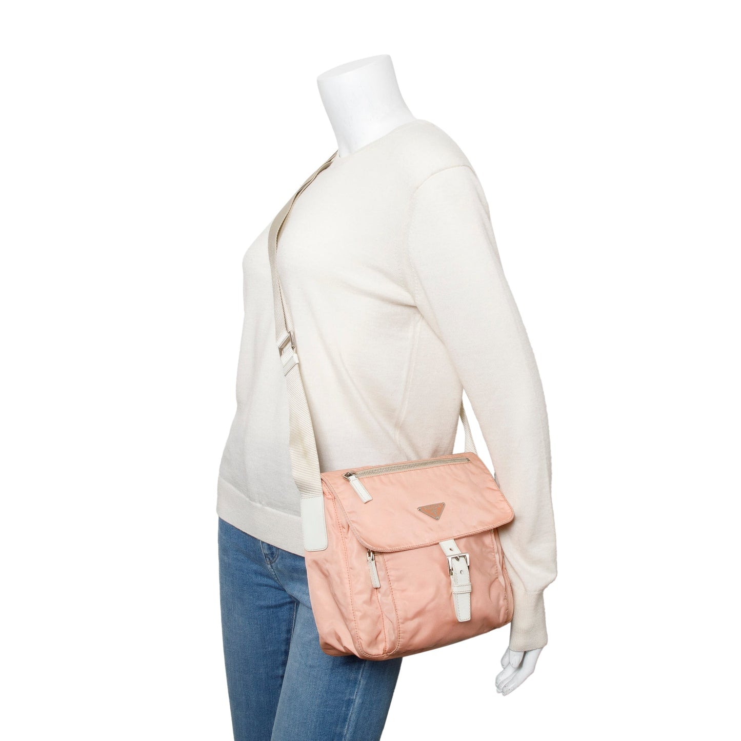 Prada Peach Tessuto Trimmed Vela Messenger Bag Leather Nylon Travel Bag