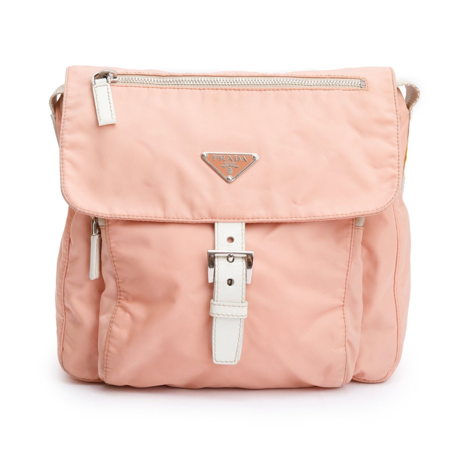 Prada Peach Tessuto Trimmed Vela Messenger Bag Leather Nylon White