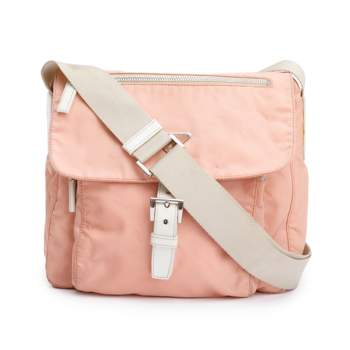 Prada Peach Tessuto Trimmed Vela Messenger Bag Leather Nylon White