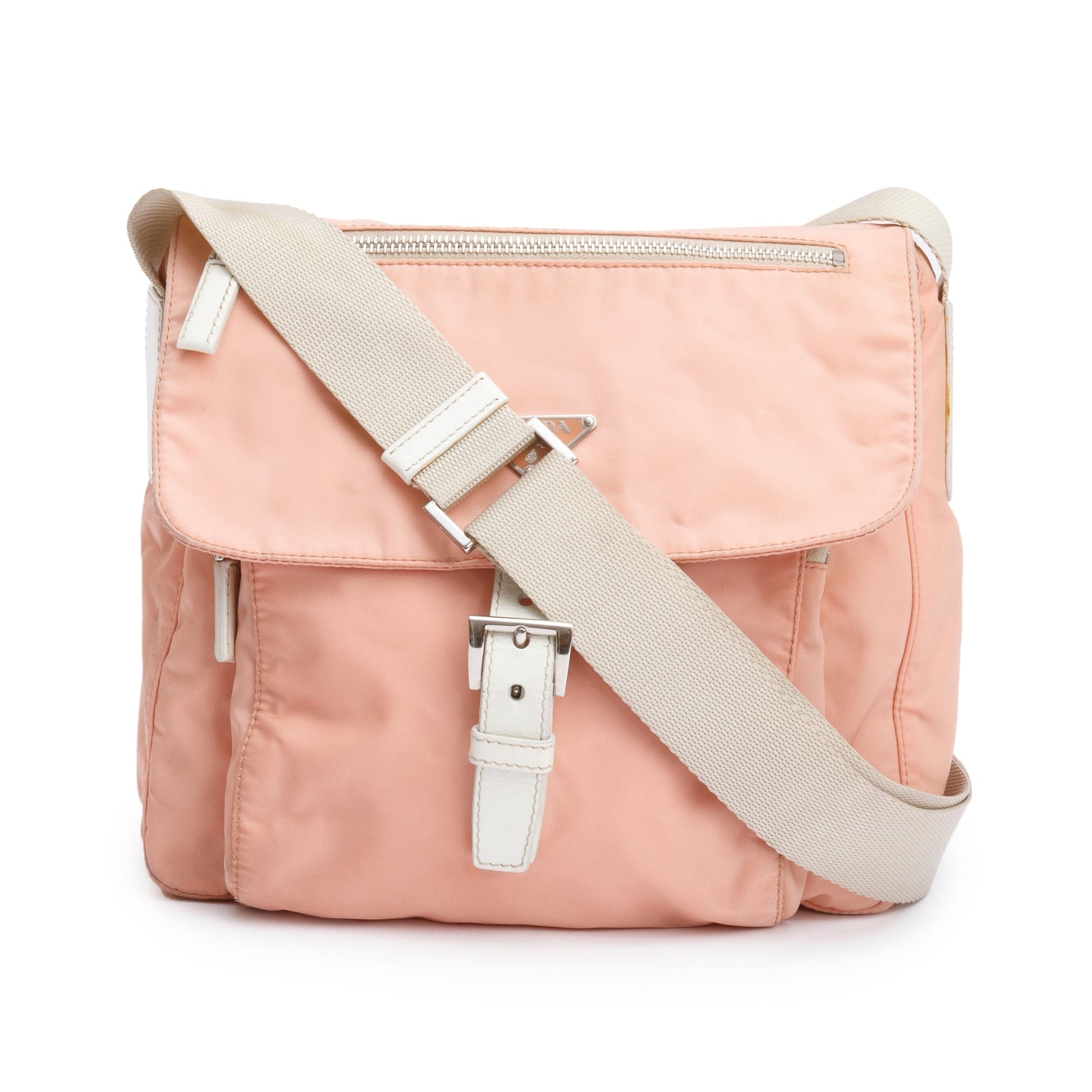 Prada Peach Tessuto Trimmed Vela Messenger Bag Leather Nylon White