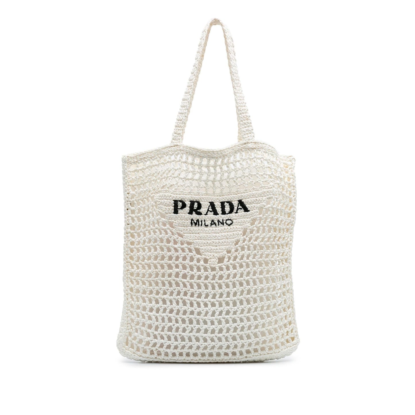 Prada Effect Crochet Tote Raffia Logo Embroidered Tote Bag