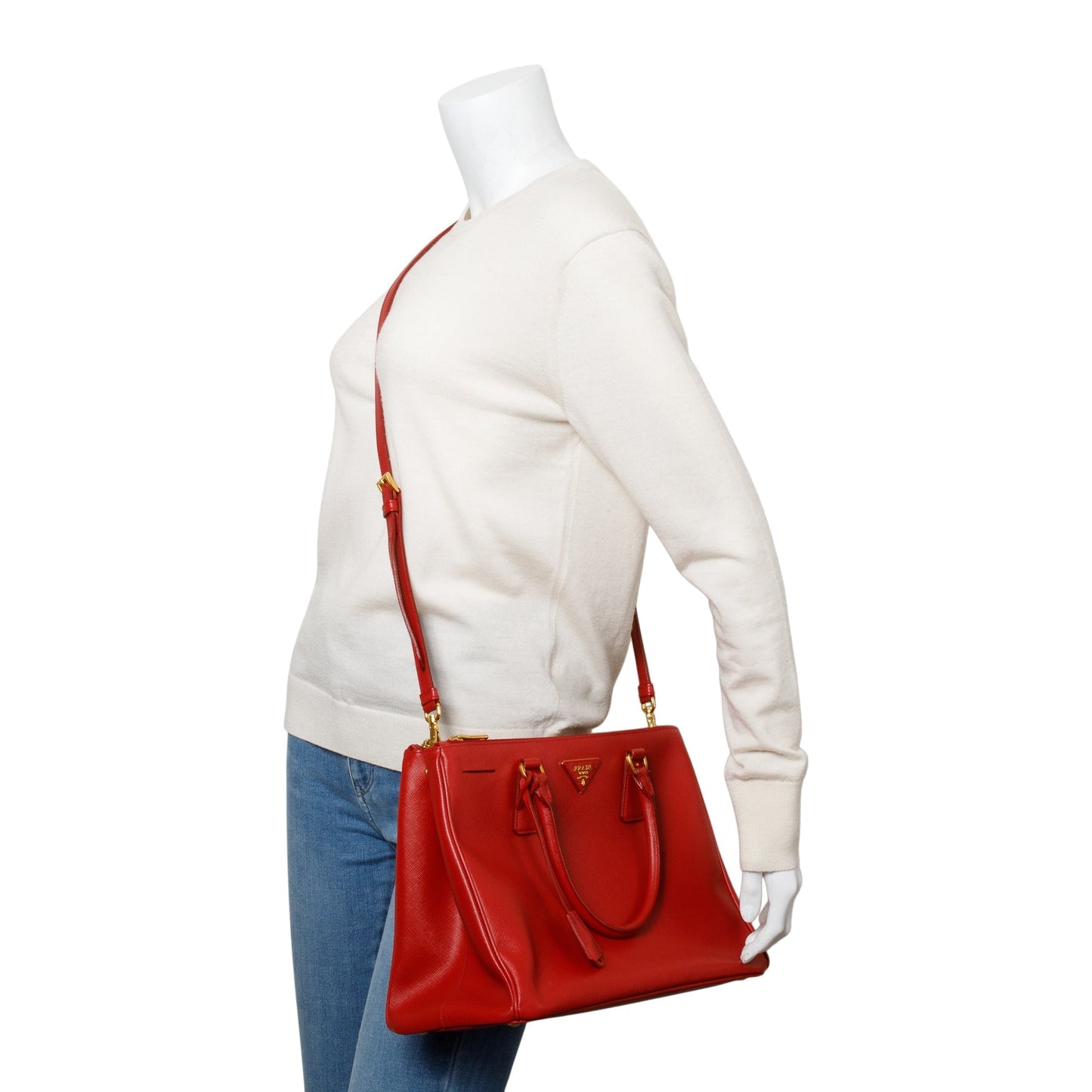 Prada Saffiano Lux Double Zip Galleria Tote Handbag Red Medium Tote Bag