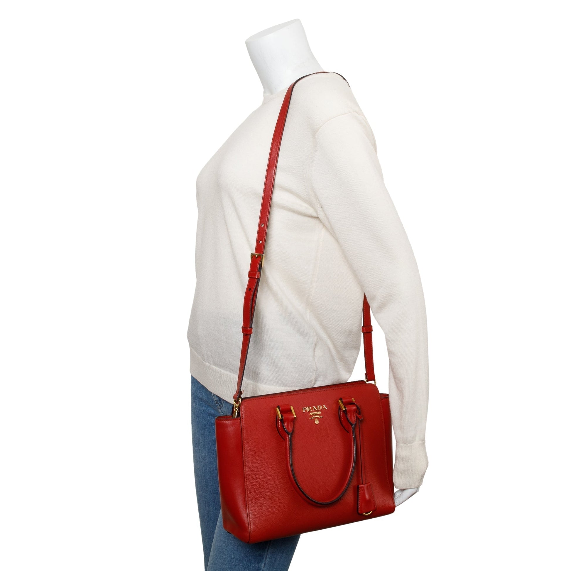 Prada Saffiano Soft Calf Tote Handbag Leather Red Tote Bag