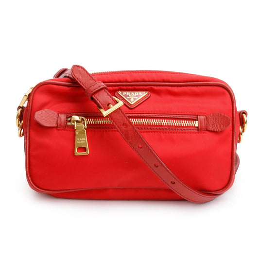 Prada Trimmed Tessuto Camera Crossbody Bag Nylon Saffiano Red