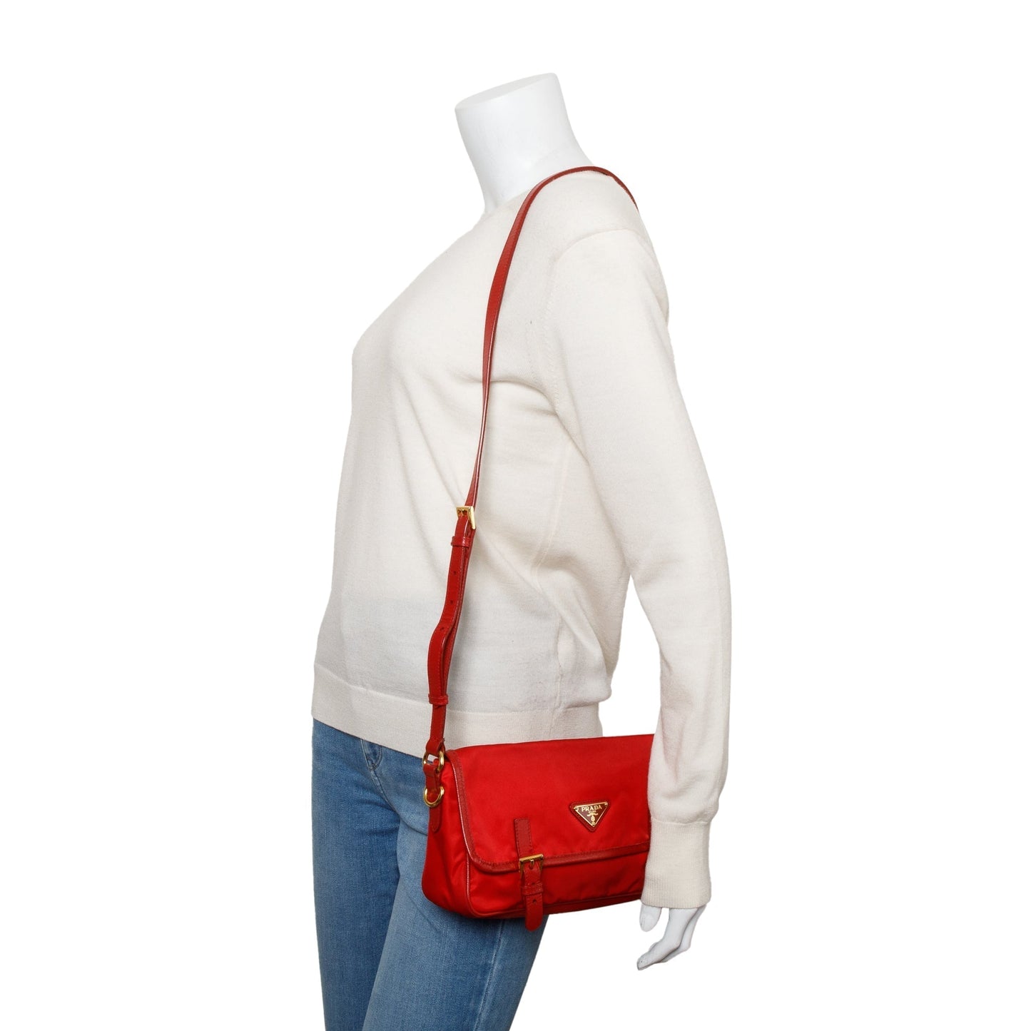 Prada Trimmed Tessuto Double Buckle Crossbody Bag Nylon Saffiano Red