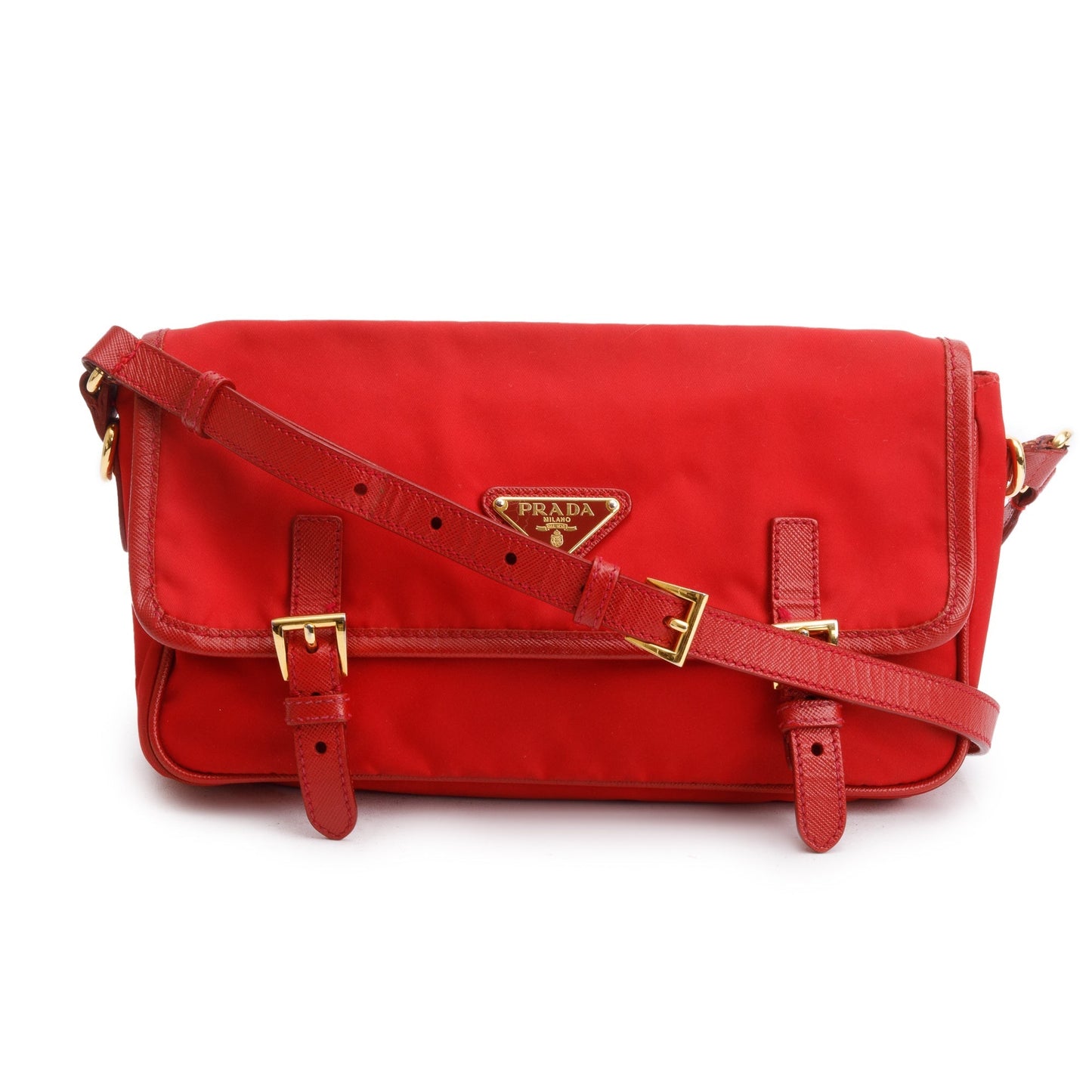Prada Trimmed Tessuto Double Buckle Crossbody Bag Nylon Saffiano Red