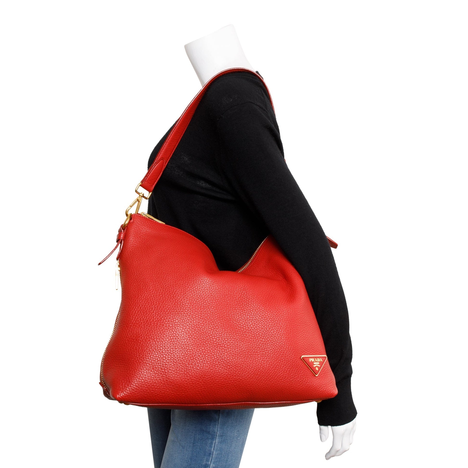 Prada Vitello Daino Side Zip Hobo Bag Leather Red Travel Bag