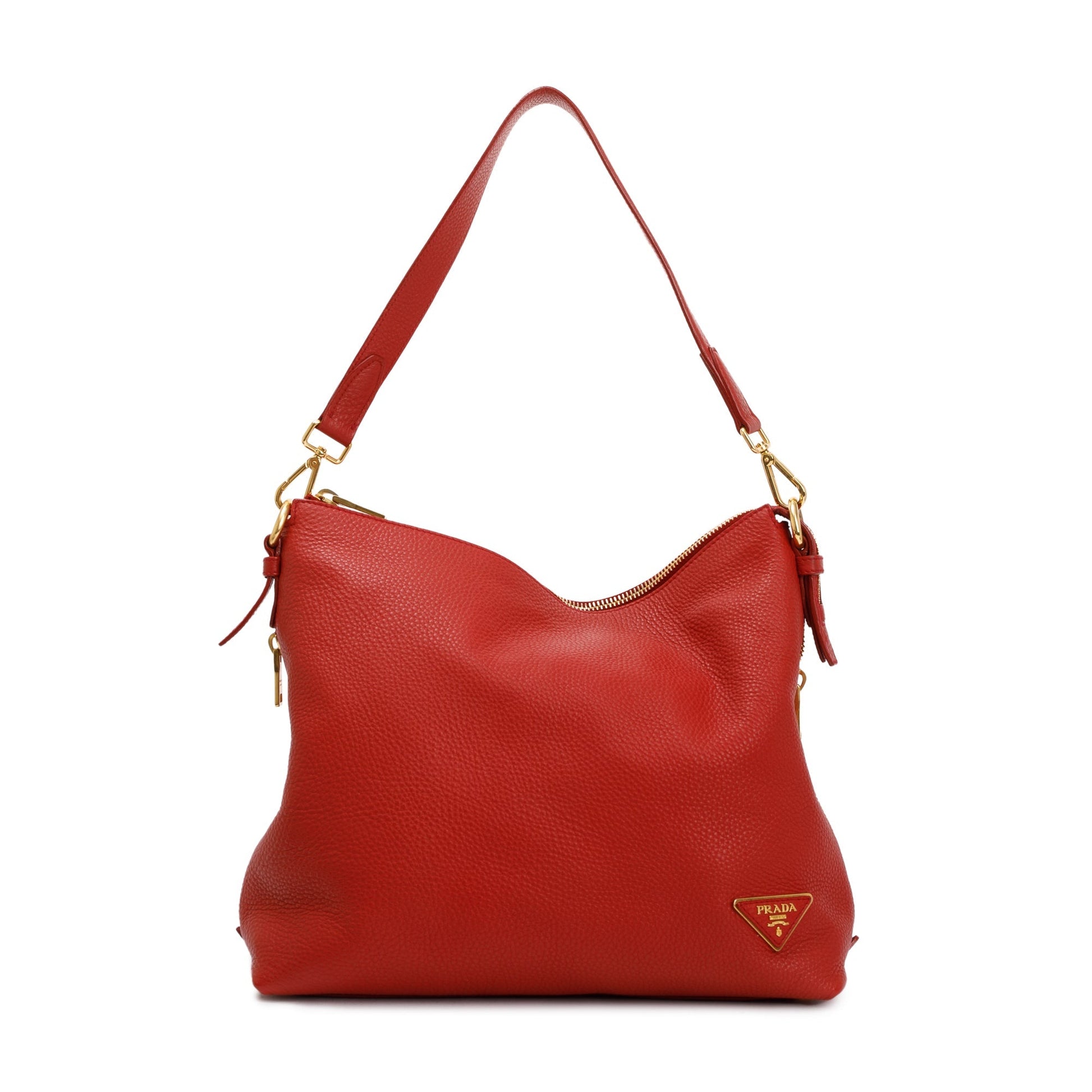 Prada Vitello Daino Side Zip Hobo Bag Leather Red Travel Bag