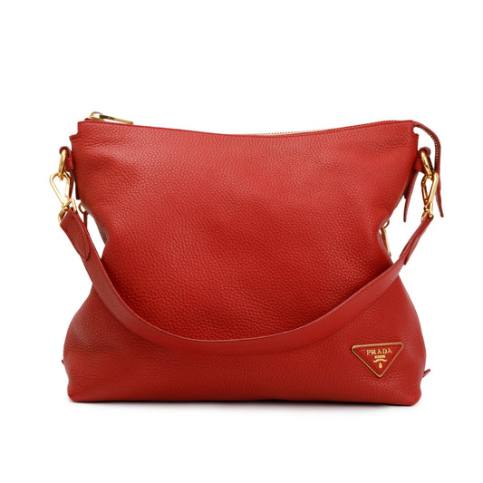Prada Vitello Daino Side Zip Hobo Bag Leather Red Travel Bag
