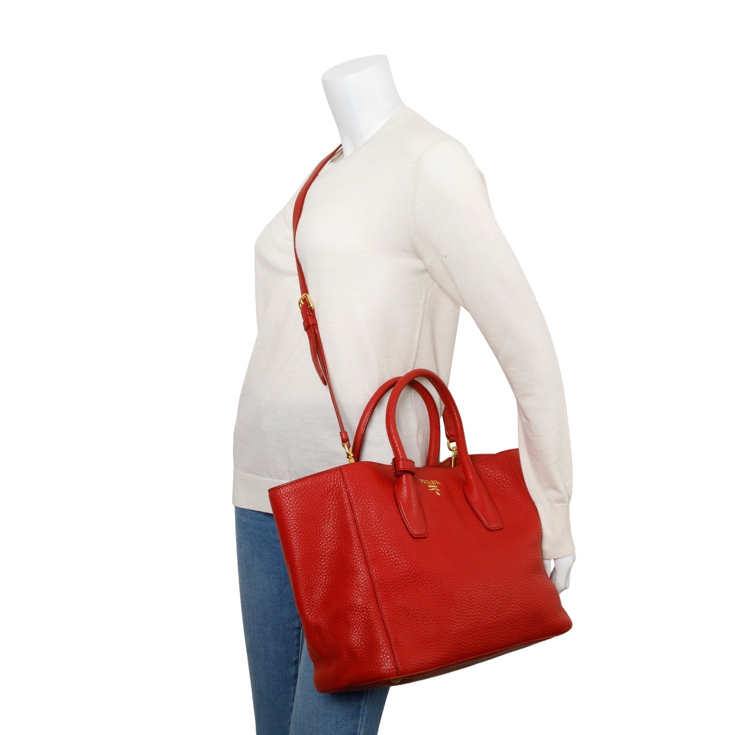 Prada Vitello Daino Tote Handbag Leather Red Tote Bag