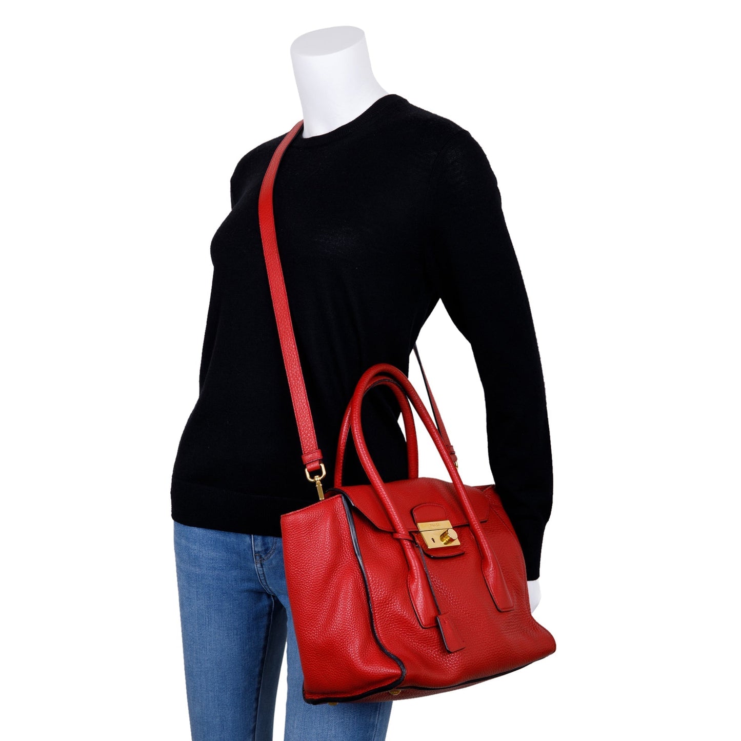 Prada Vitello Daino Sound Twin Pocket Tote Handbag Red Tote Bag