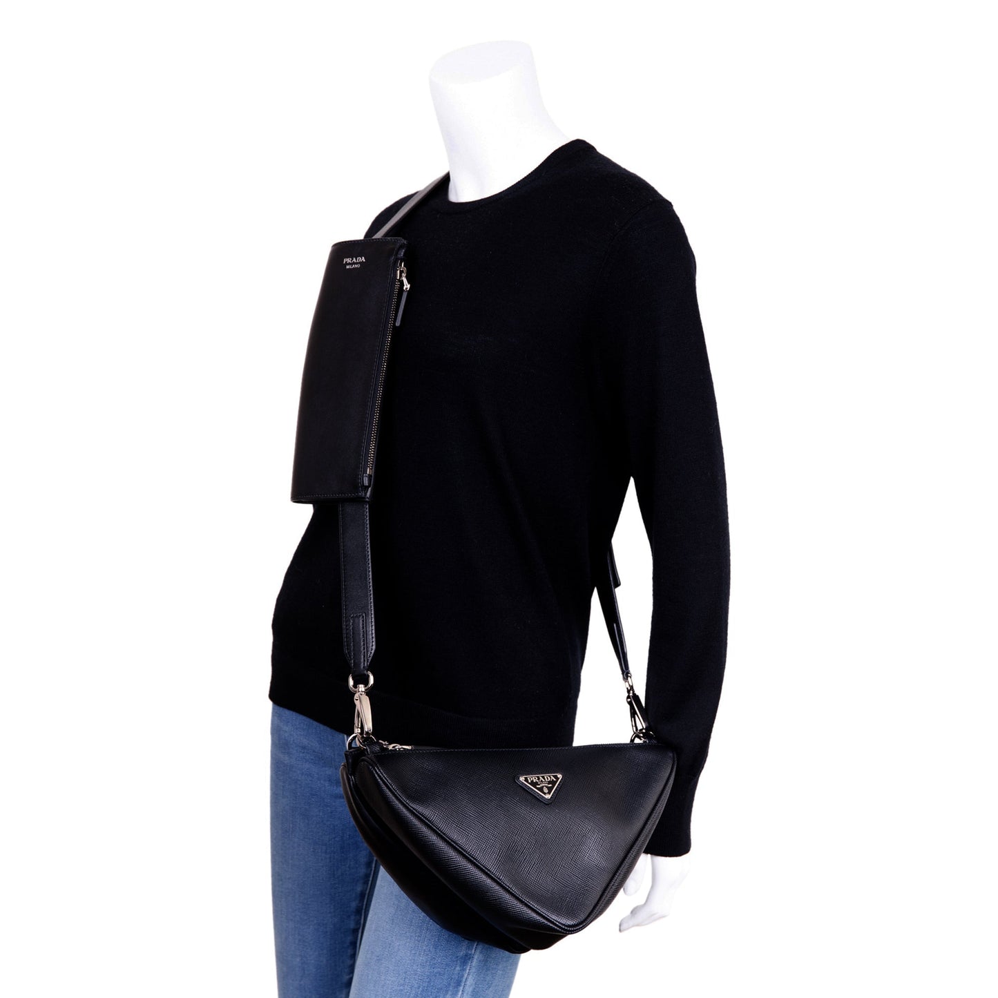 Prada Saffiano City Calf Triangle Double Messenger Bag Travel Bag