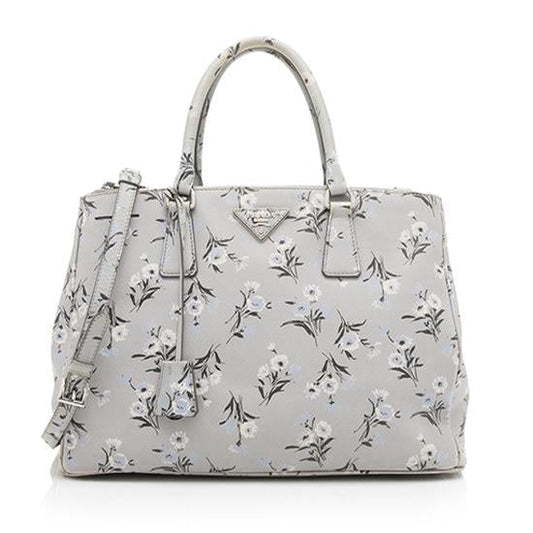 Prada Floral Double Tote Final Sale Leather Saffiano Medium Tote Bag