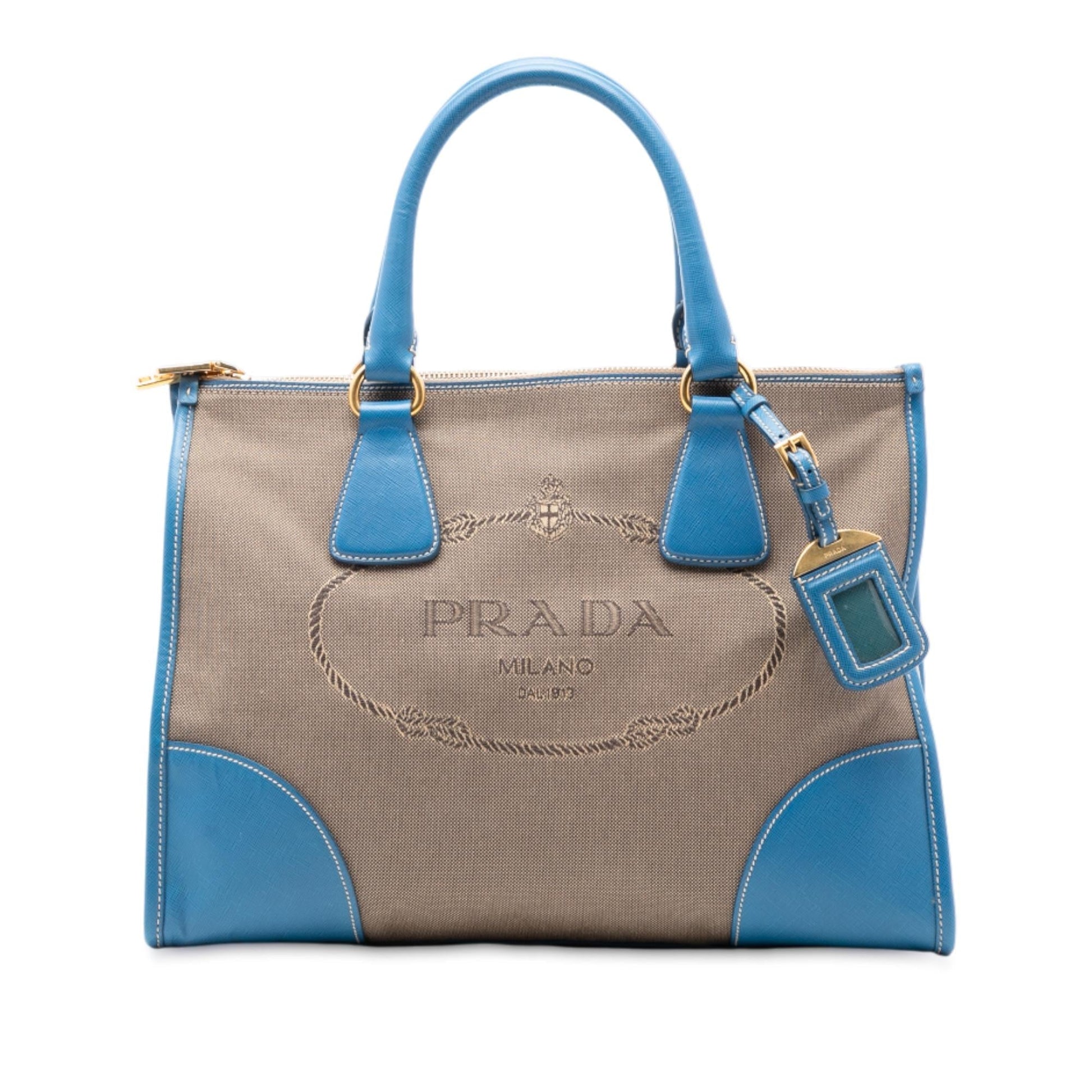Prada Trimmed Canapa Double Satchel Canvas Saffiano Logo Satchel Bag