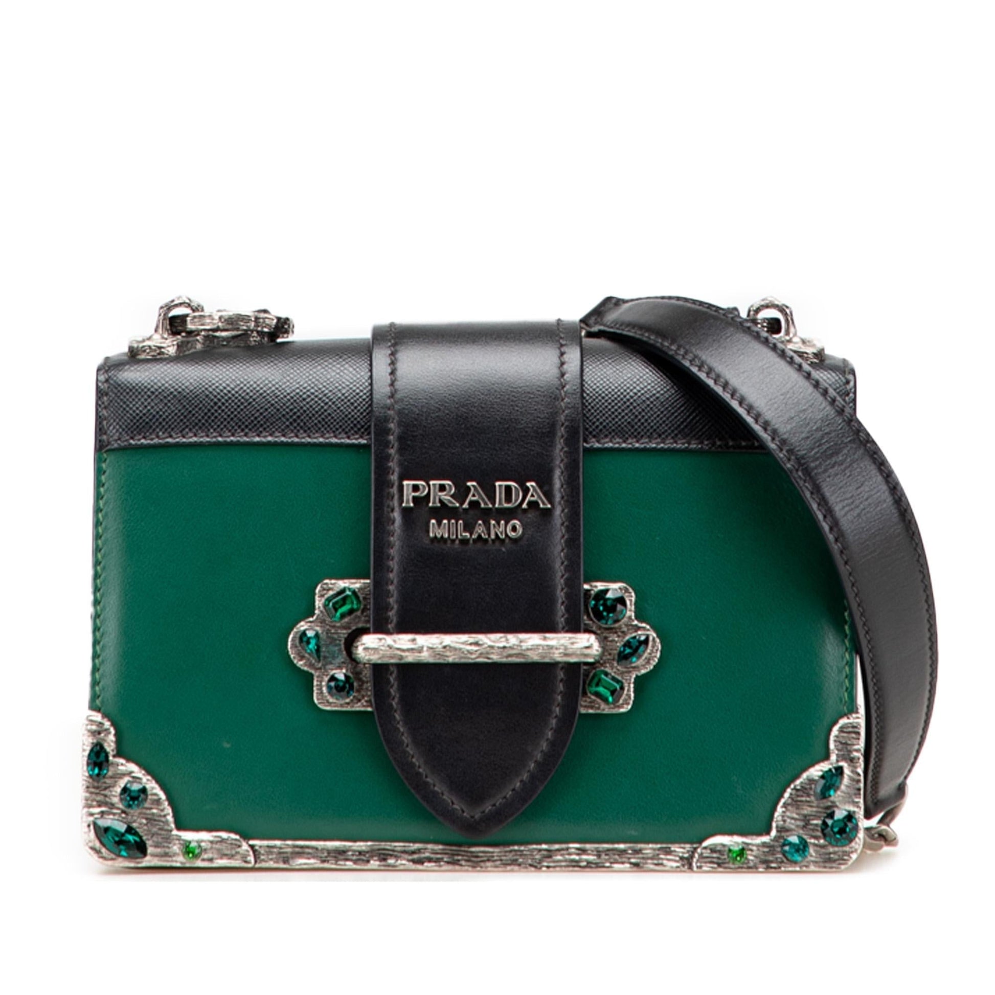 Prada Trimmed City Calf Crystal Cahier Crossbody Saffiano Crossbody Bag