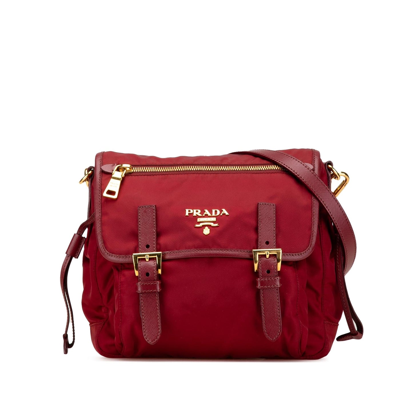Prada Trimmed Tessuto Double Buckle Messenger Bag Saffiano Zip Crossbody Bag
