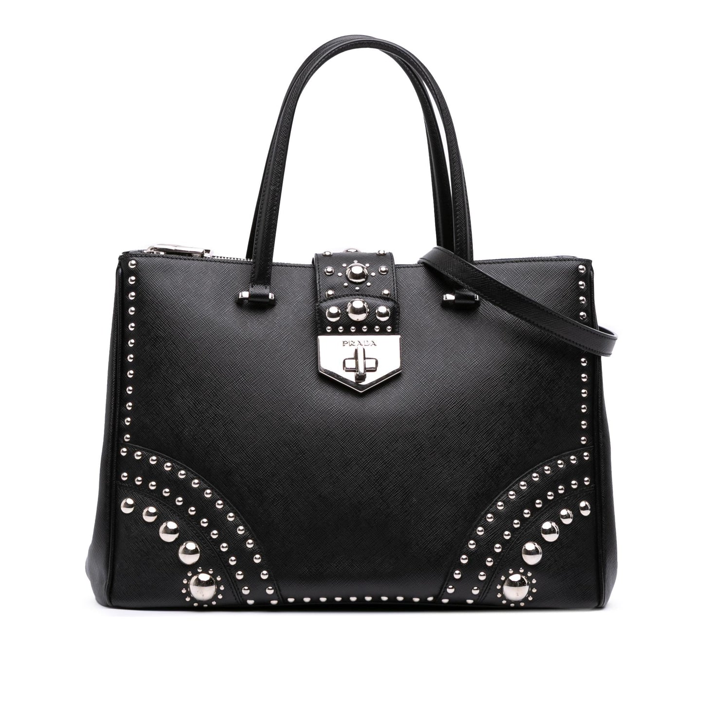 Prada Turnlock Double Studded Tote Saffiano Zip Tote Bag
