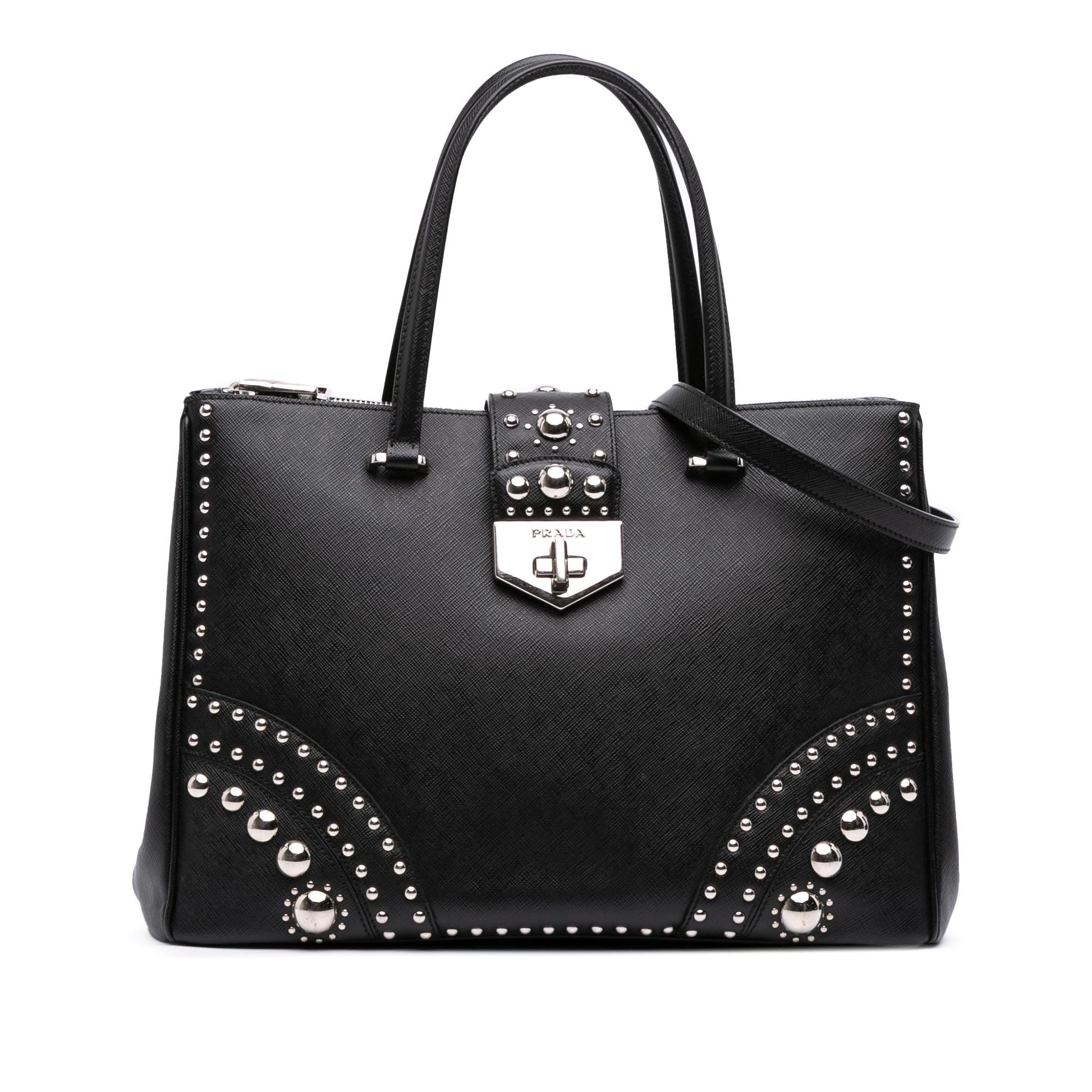 Prada Turnlock Double Studded Tote Saffiano Zip Tote Bag